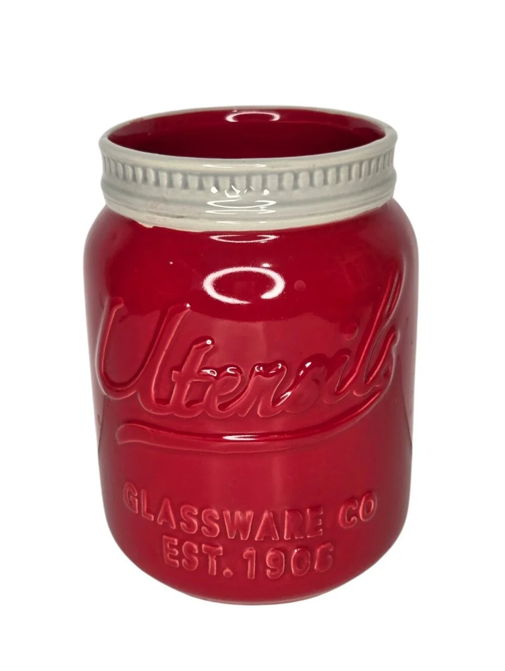 Red Ceramic Mason Jar Crock Utensil Holder Farmhouse Vase‎ Country Decor
